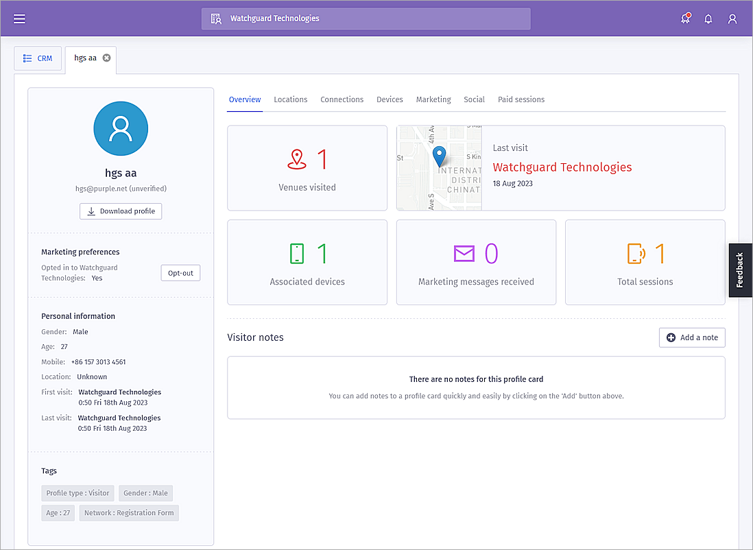 Screenshot of the Purple Wi-Fi test CRM record page